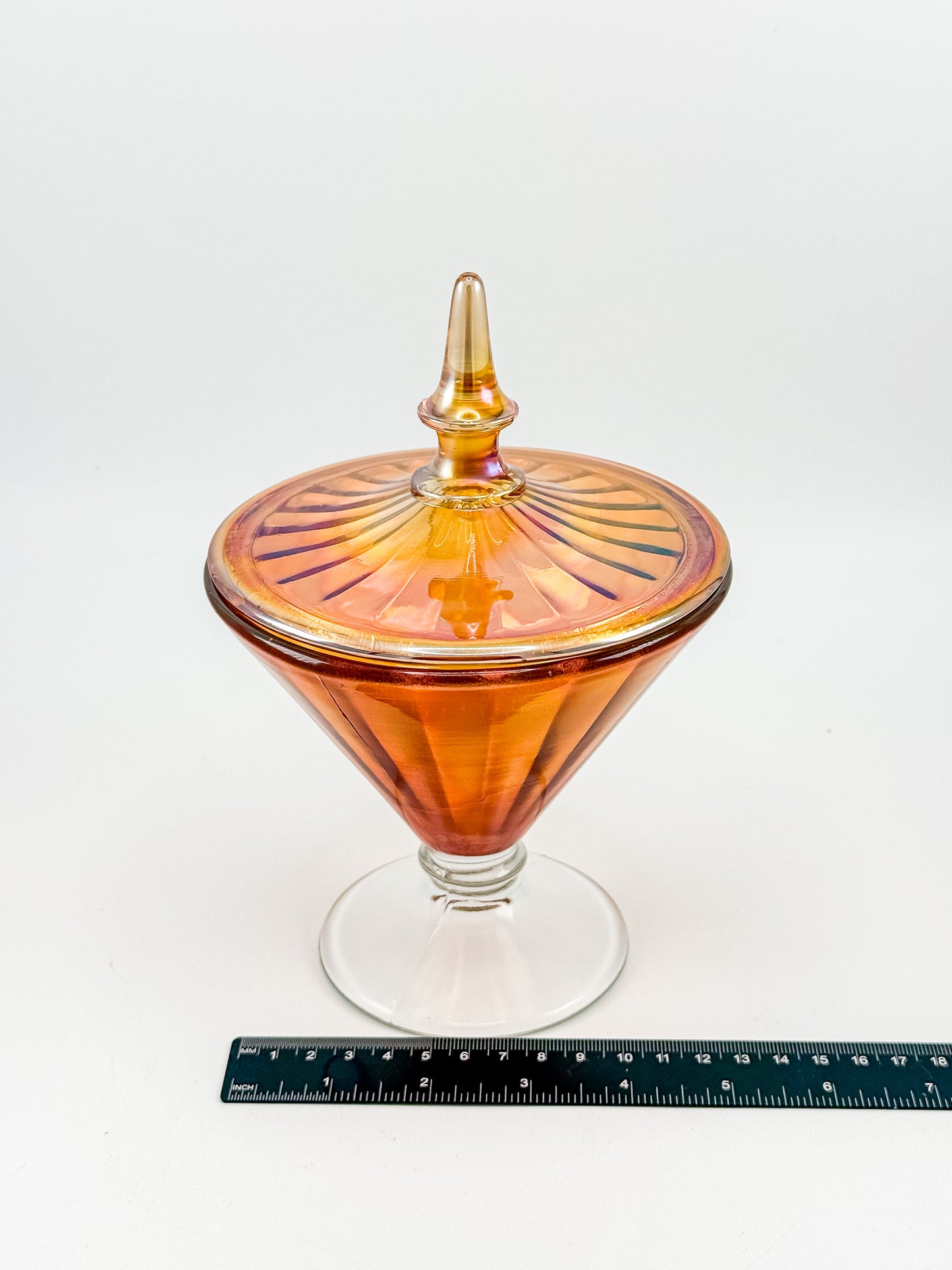 Vintage Marigold Carnival Glass Footed Covered Candy Dish with Ribbed Sunburst Lid and Finial