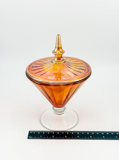 Vintage Marigold Carnival Glass Footed Covered Candy Dish with Ribbed Sunburst Lid and Finial