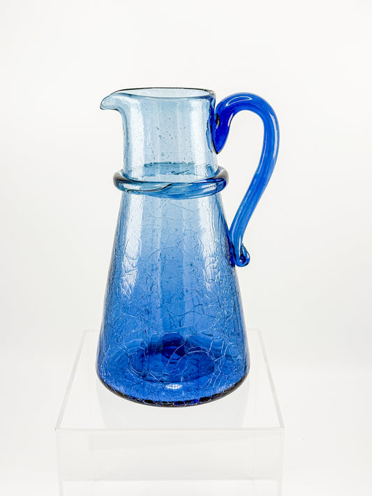 Vintage Blue Crackle Glass Pitcher with Cobalt Handle and Applied Collar, Mid-Century Art Glass