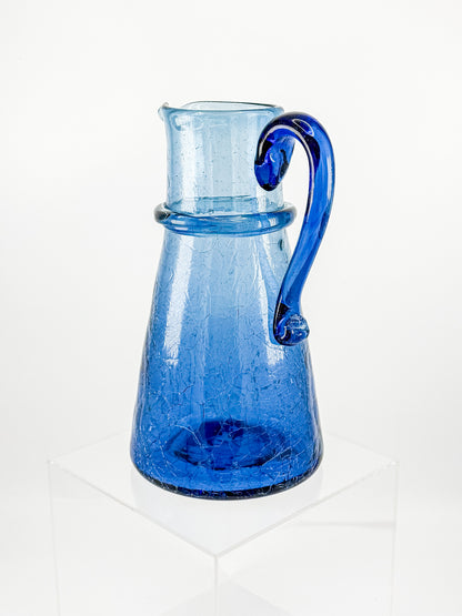 Vintage Blue Crackle Glass Pitcher with Cobalt Handle and Applied Collar, Mid-Century Art Glass