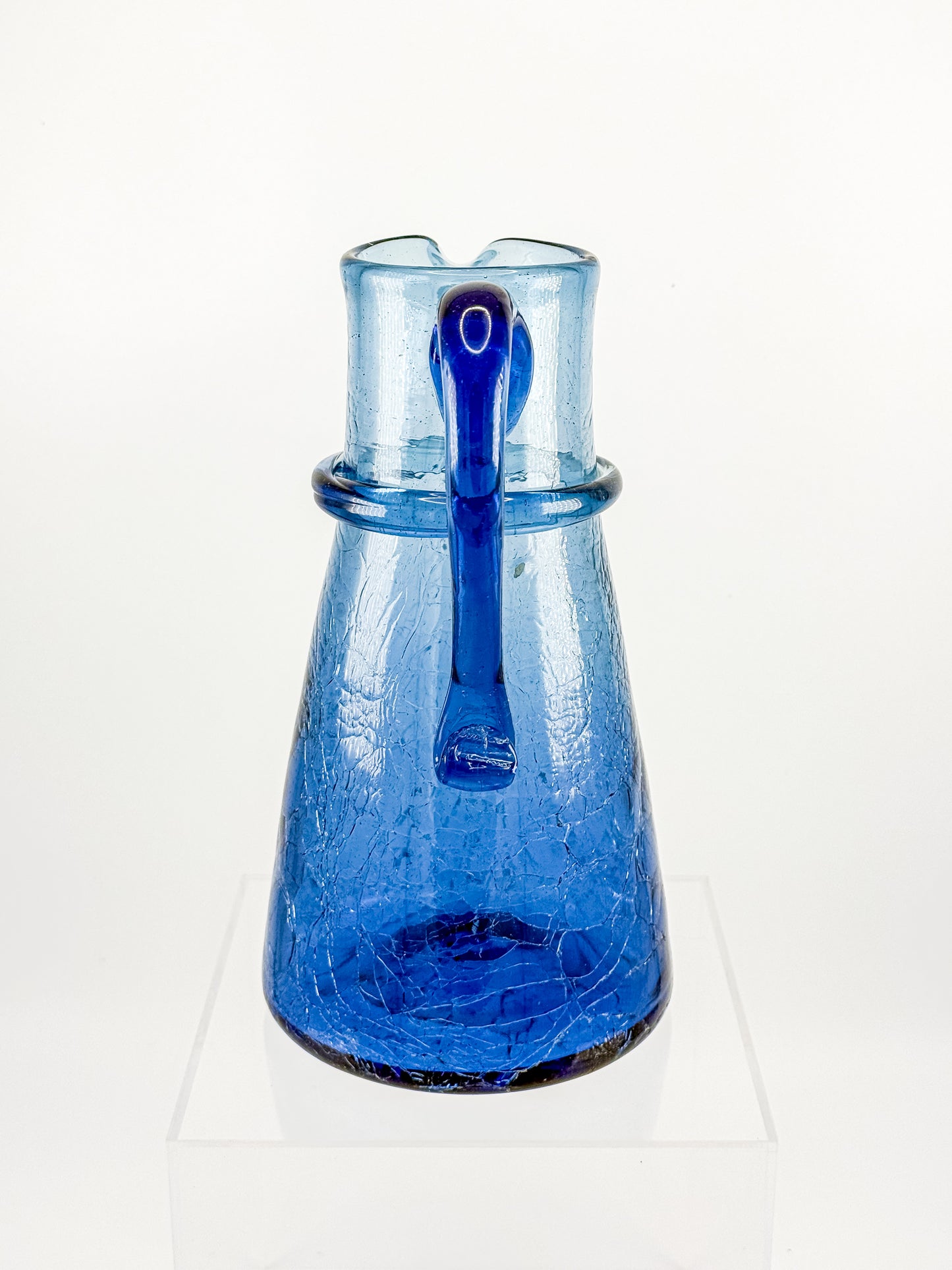 Vintage Blue Crackle Glass Pitcher with Cobalt Handle and Applied Collar, Mid-Century Art Glass