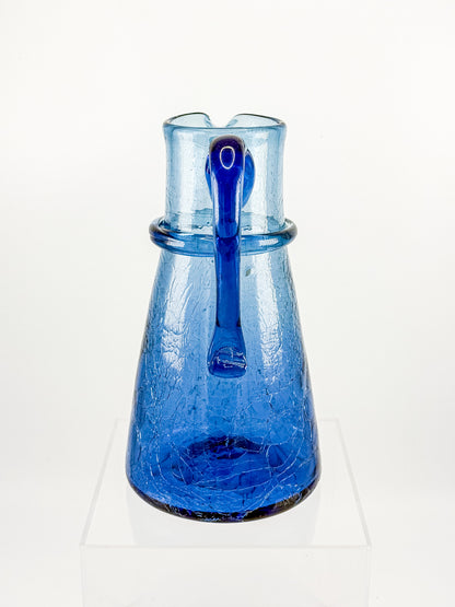 Vintage Blue Crackle Glass Pitcher with Cobalt Handle and Applied Collar, Mid-Century Art Glass