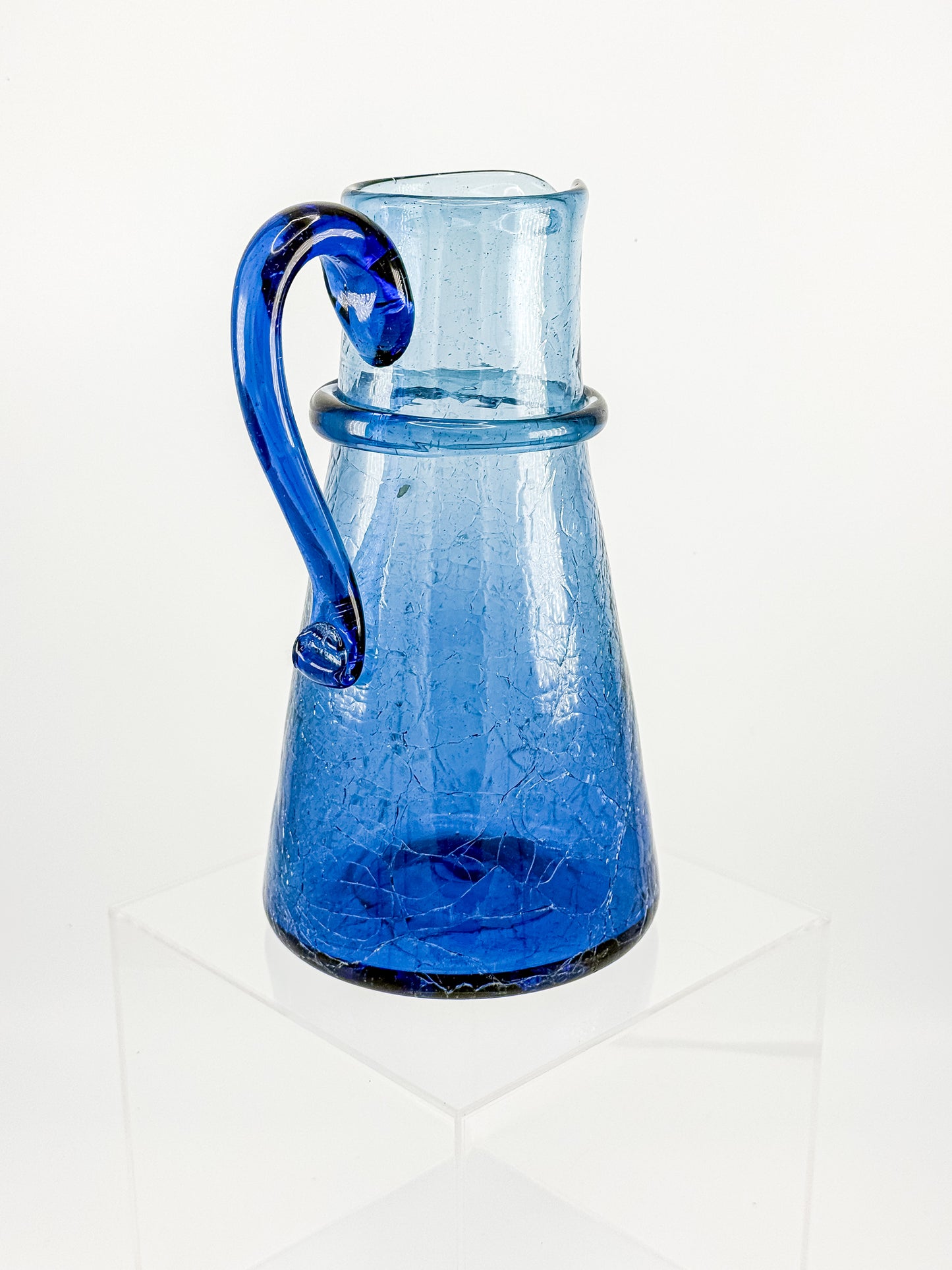 Vintage Blue Crackle Glass Pitcher with Cobalt Handle and Applied Collar, Mid-Century Art Glass