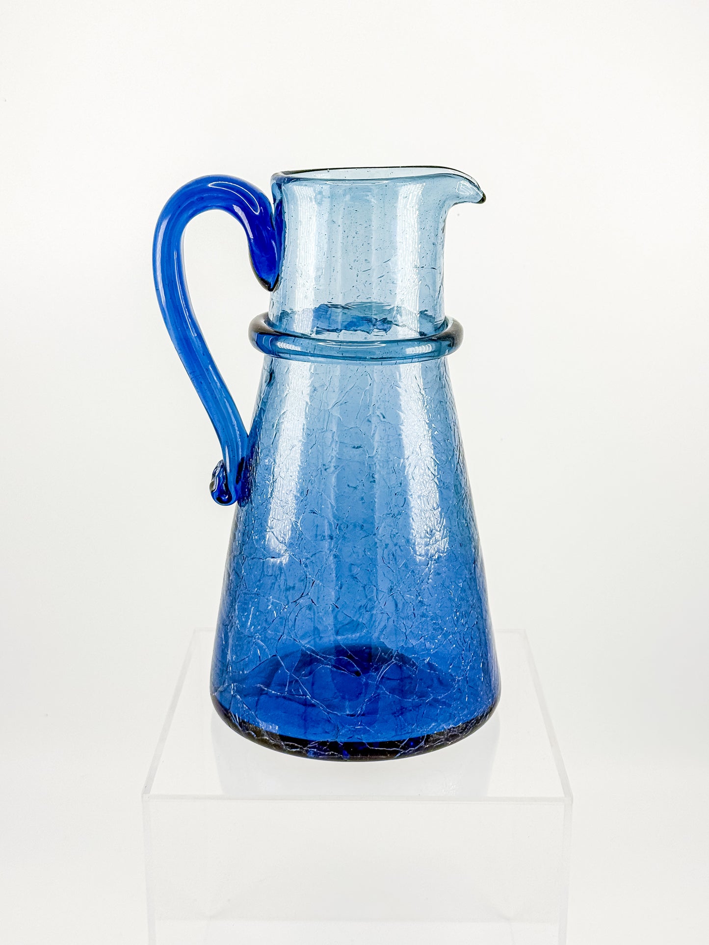 Vintage Blue Crackle Glass Pitcher with Cobalt Handle and Applied Collar, Mid-Century Art Glass