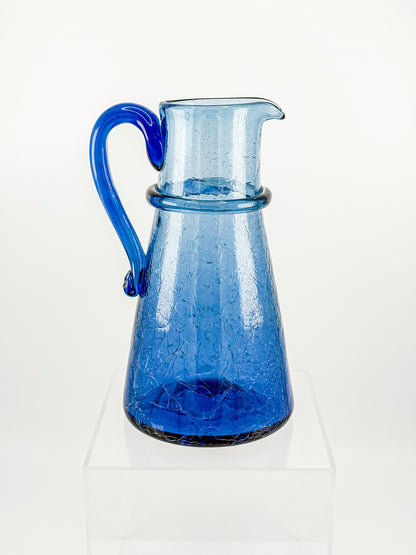Vintage Blue Crackle Glass Pitcher with Cobalt Handle and Applied Collar, Mid-Century Art Glass