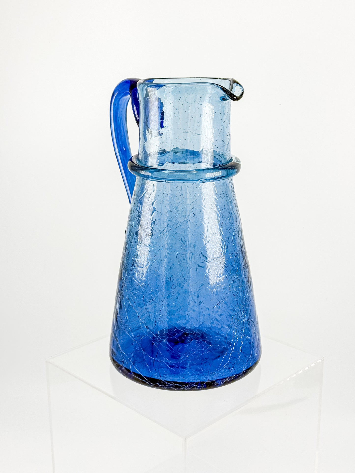 Vintage Blue Crackle Glass Pitcher with Cobalt Handle and Applied Collar, Mid-Century Art Glass