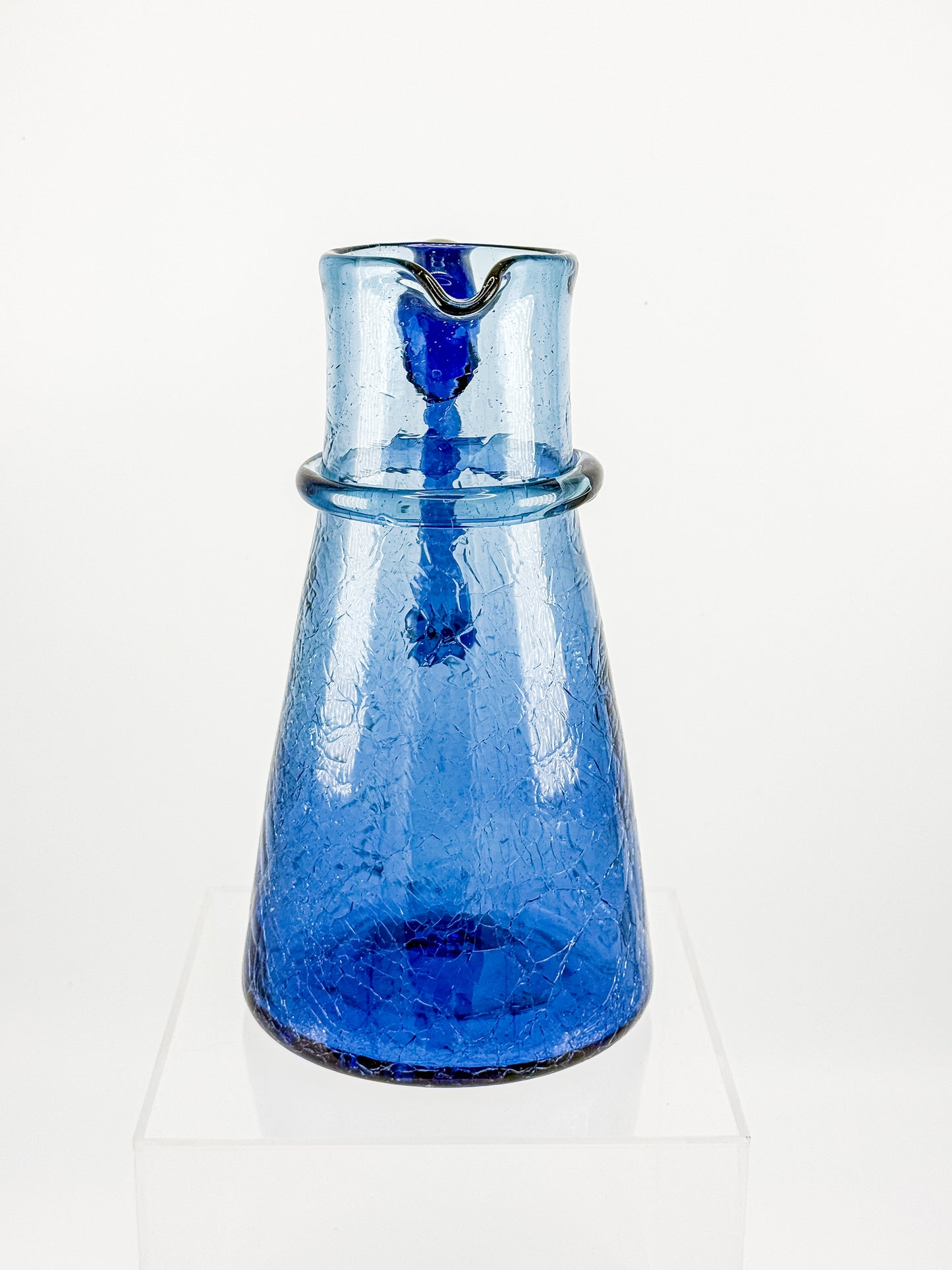 Vintage Blue Crackle Glass Pitcher with Cobalt Handle and Applied Collar, Mid-Century Art Glass
