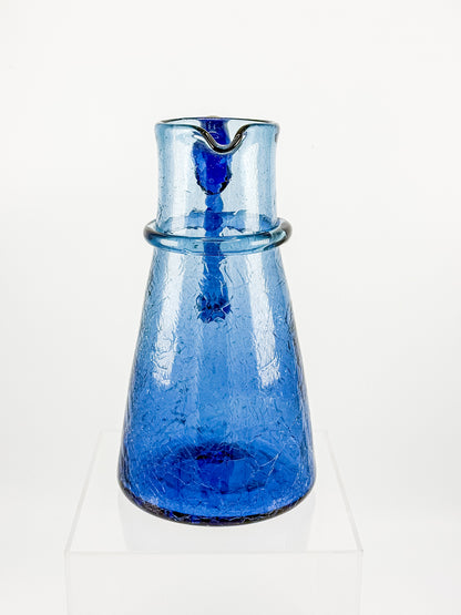 Vintage Blue Crackle Glass Pitcher with Cobalt Handle and Applied Collar, Mid-Century Art Glass