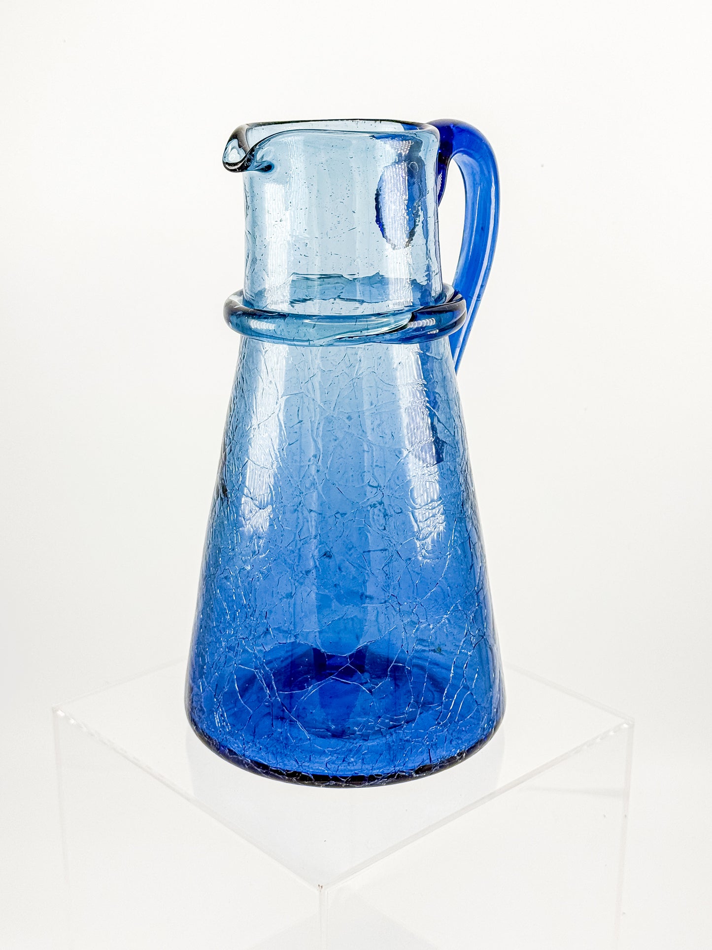 Vintage Blue Crackle Glass Pitcher with Cobalt Handle and Applied Collar, Mid-Century Art Glass