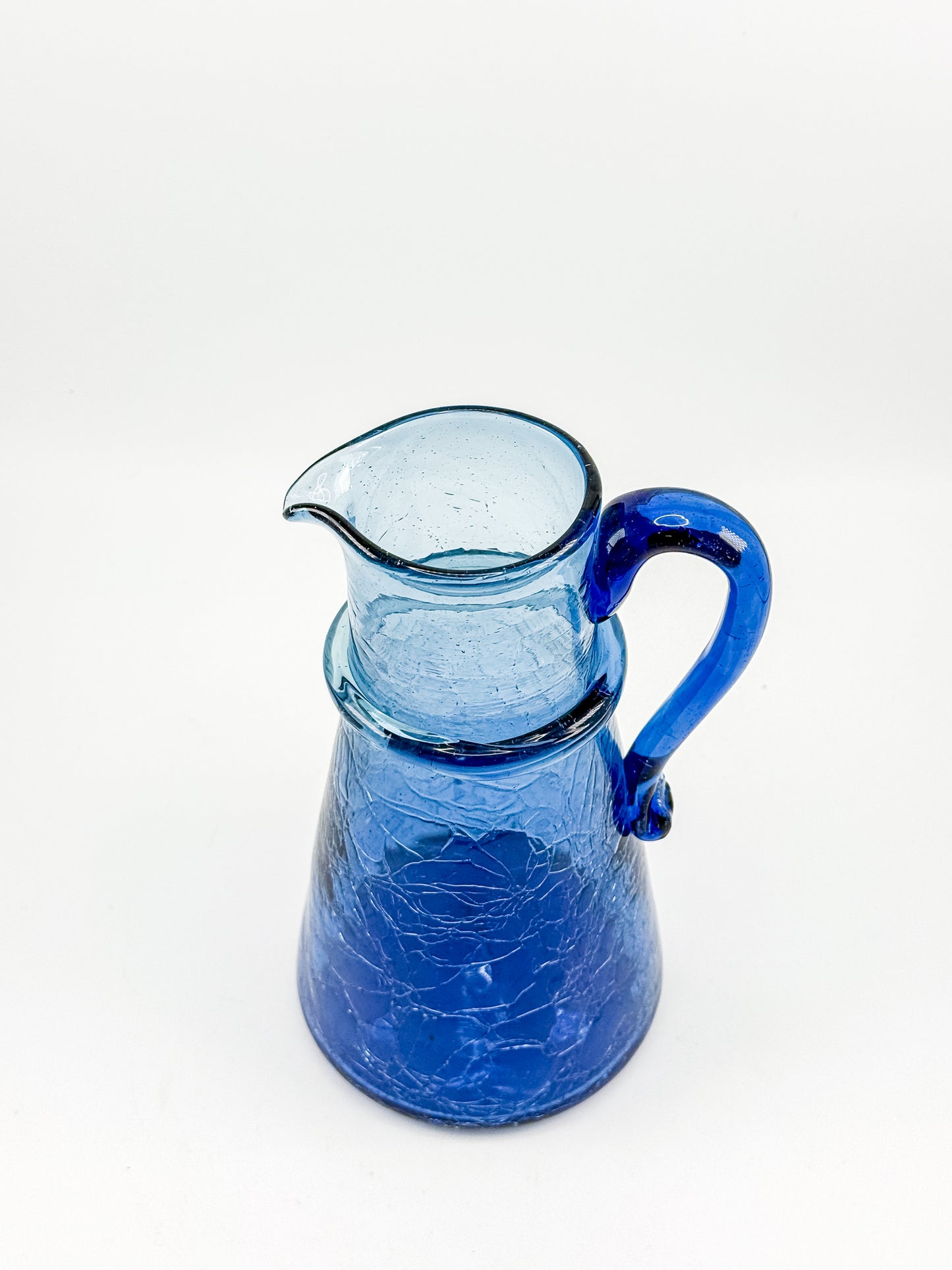Vintage Blue Crackle Glass Pitcher with Cobalt Handle and Applied Collar, Mid-Century Art Glass