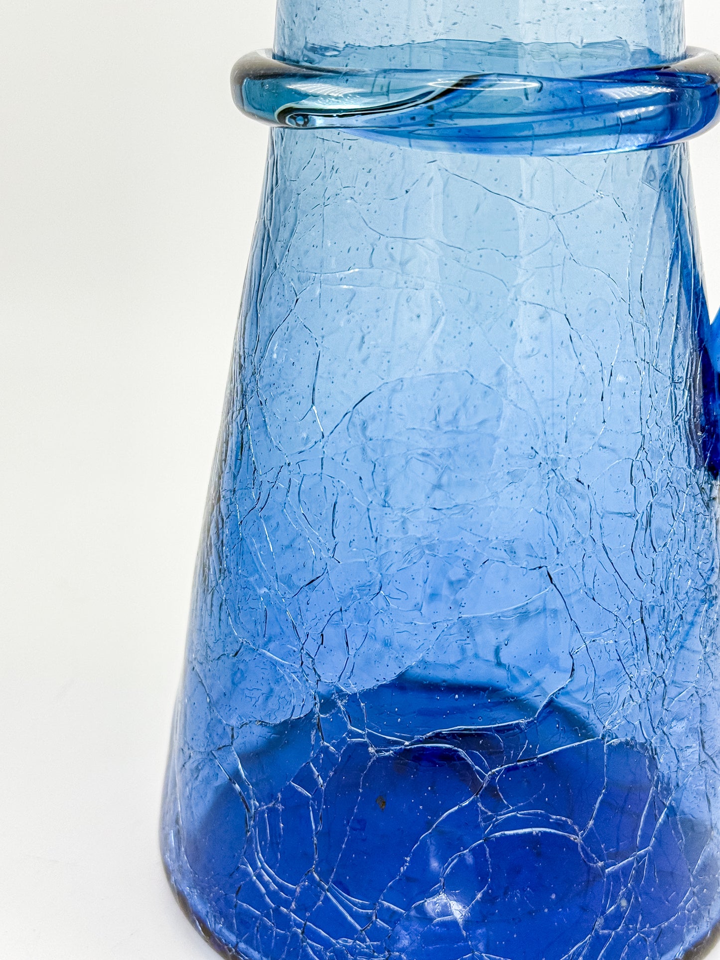 Vintage Blue Crackle Glass Pitcher with Cobalt Handle and Applied Collar, Mid-Century Art Glass