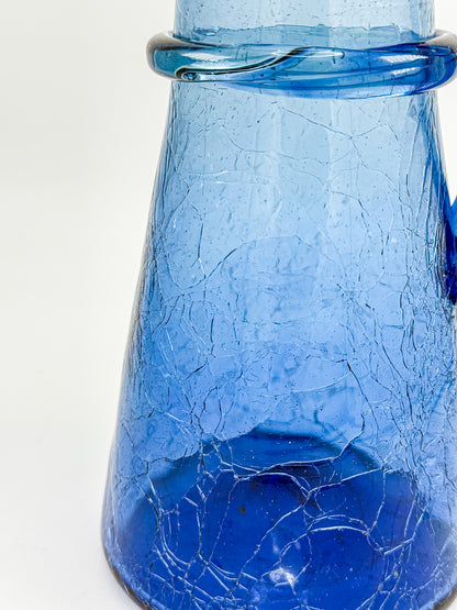 Vintage Blue Crackle Glass Pitcher with Cobalt Handle and Applied Collar, Mid-Century Art Glass