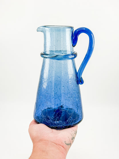 Vintage Blue Crackle Glass Pitcher with Cobalt Handle and Applied Collar, Mid-Century Art Glass