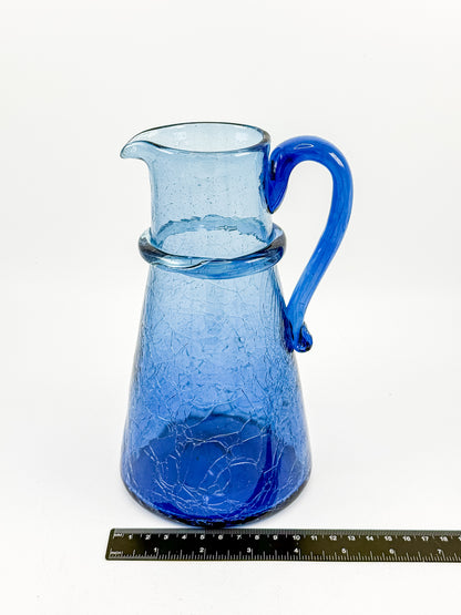 Vintage Blue Crackle Glass Pitcher with Cobalt Handle and Applied Collar, Mid-Century Art Glass