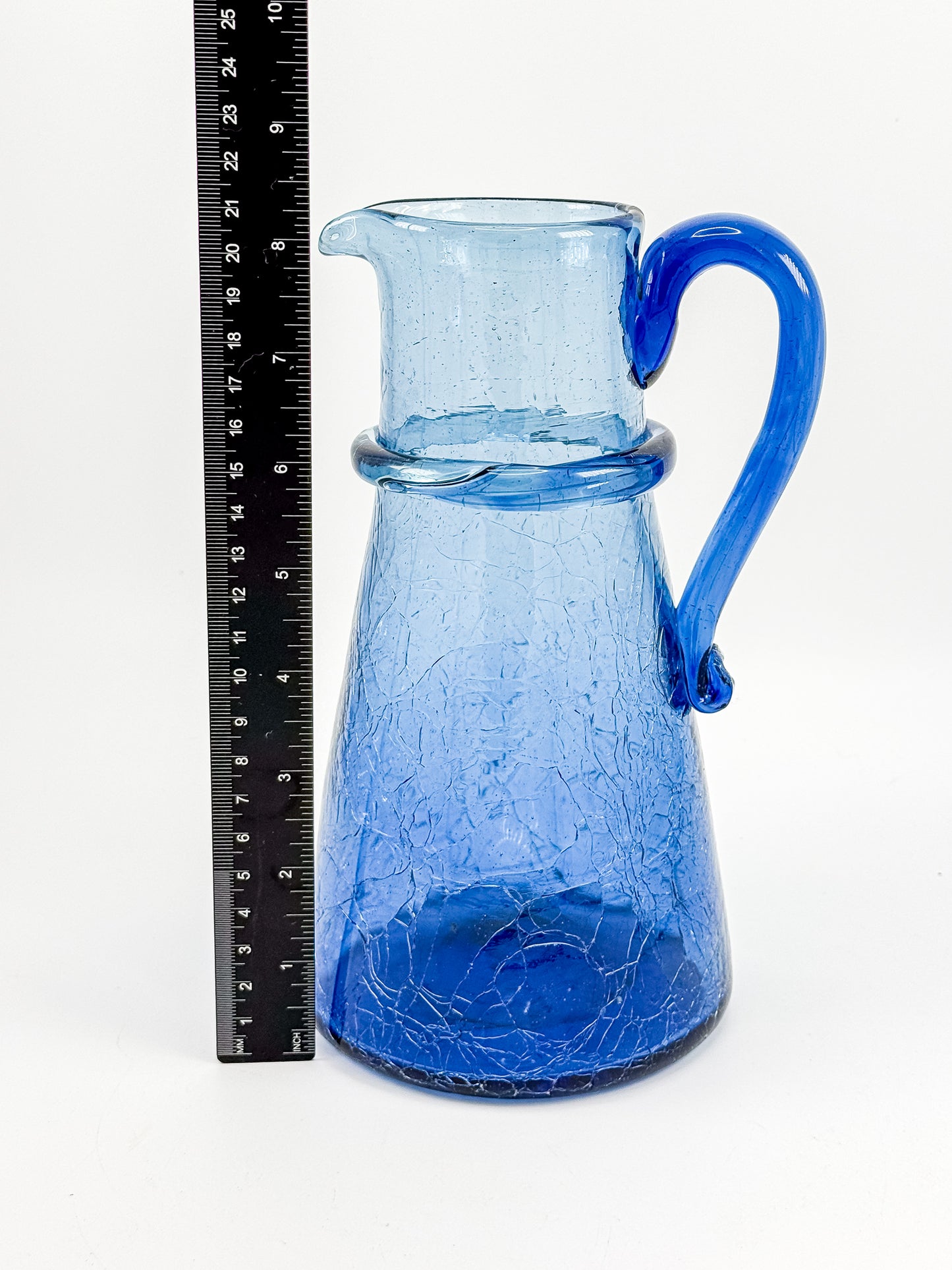 Vintage Blue Crackle Glass Pitcher with Cobalt Handle and Applied Collar, Mid-Century Art Glass