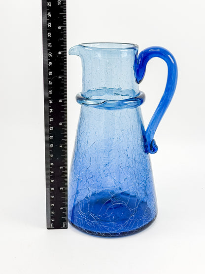Vintage Blue Crackle Glass Pitcher with Cobalt Handle and Applied Collar, Mid-Century Art Glass