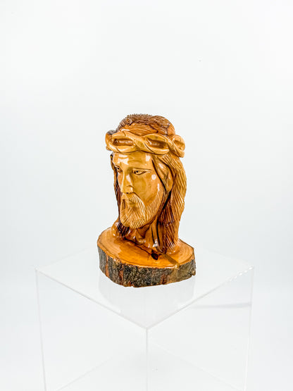 Hand-Carved Jesus Christ Bust with Crown of Thorns on Natural Live-Edge Wood Base, Folk Art Sculpture