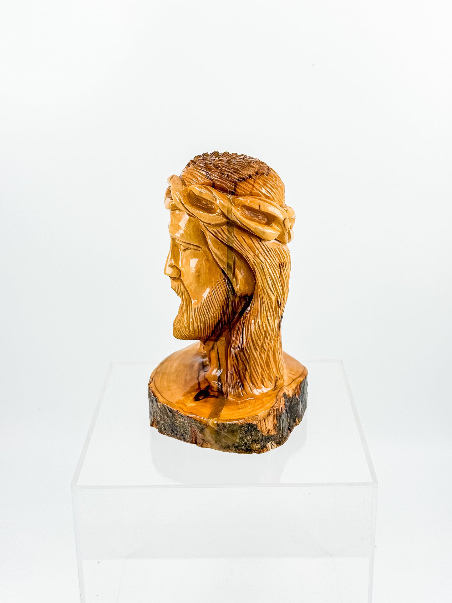 Hand-Carved Jesus Christ Bust with Crown of Thorns on Natural Live-Edge Wood Base, Folk Art Sculpture