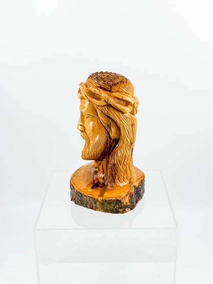 Hand-Carved Jesus Christ Bust with Crown of Thorns on Natural Live-Edge Wood Base, Folk Art Sculpture
