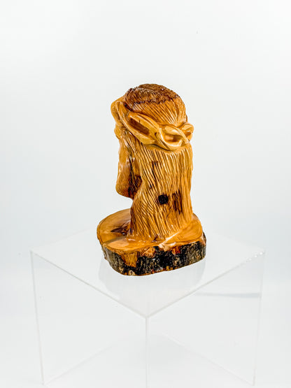 Hand-Carved Jesus Christ Bust with Crown of Thorns on Natural Live-Edge Wood Base, Folk Art Sculpture