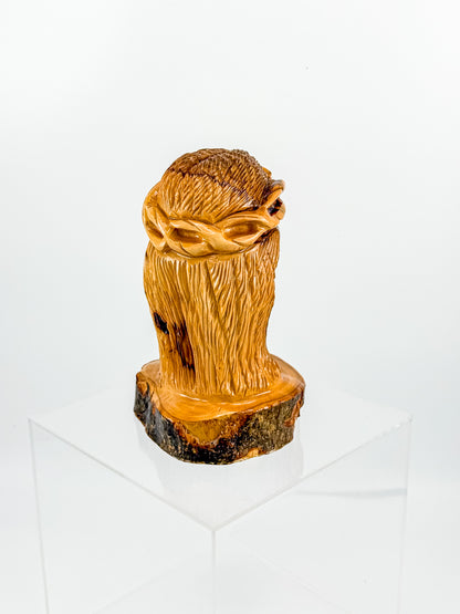 Hand-Carved Jesus Christ Bust with Crown of Thorns on Natural Live-Edge Wood Base, Folk Art Sculpture