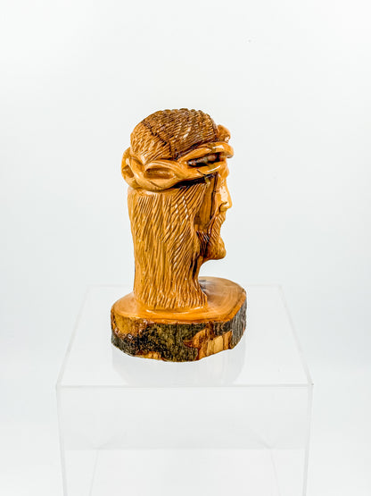 Hand-Carved Jesus Christ Bust with Crown of Thorns on Natural Live-Edge Wood Base, Folk Art Sculpture