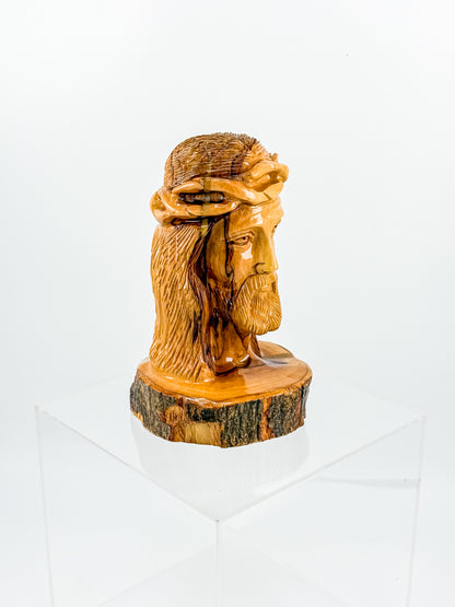 Hand-Carved Jesus Christ Bust with Crown of Thorns on Natural Live-Edge Wood Base, Folk Art Sculpture