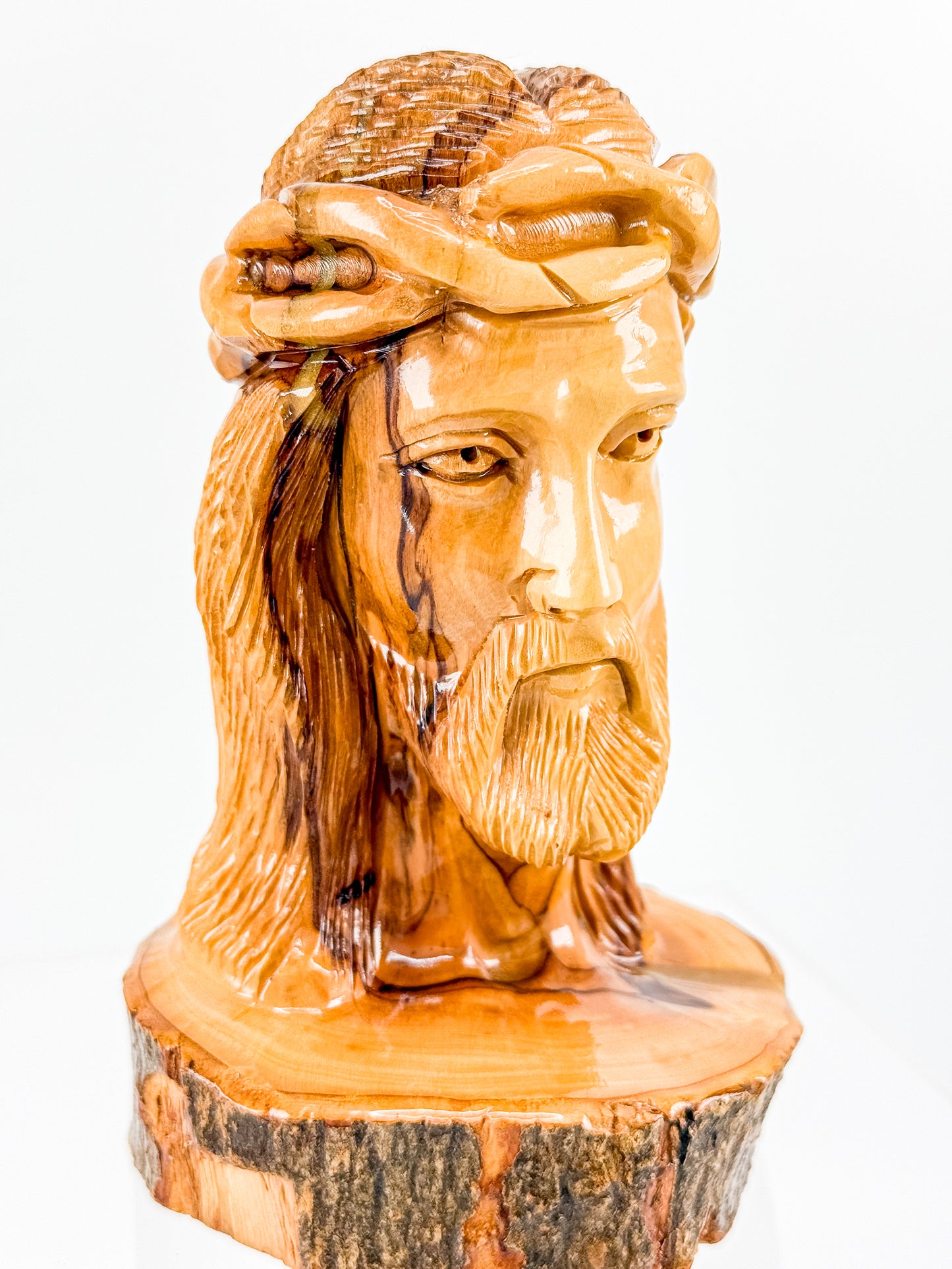 Hand-Carved Jesus Christ Bust with Crown of Thorns on Natural Live-Edge Wood Base, Folk Art Sculpture
