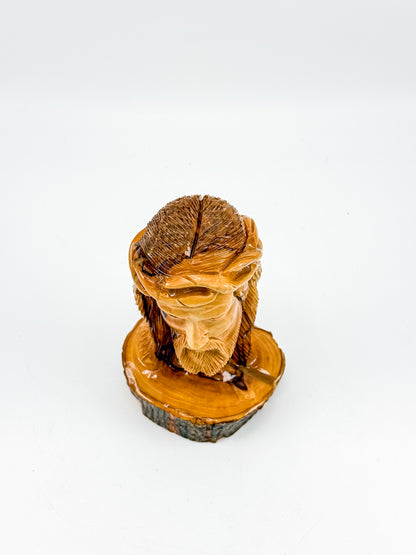 Hand-Carved Jesus Christ Bust with Crown of Thorns on Natural Live-Edge Wood Base, Folk Art Sculpture