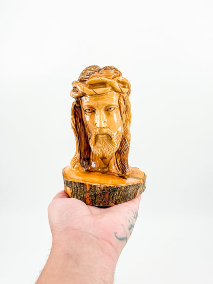 Hand-Carved Jesus Christ Bust with Crown of Thorns on Natural Live-Edge Wood Base, Folk Art Sculpture
