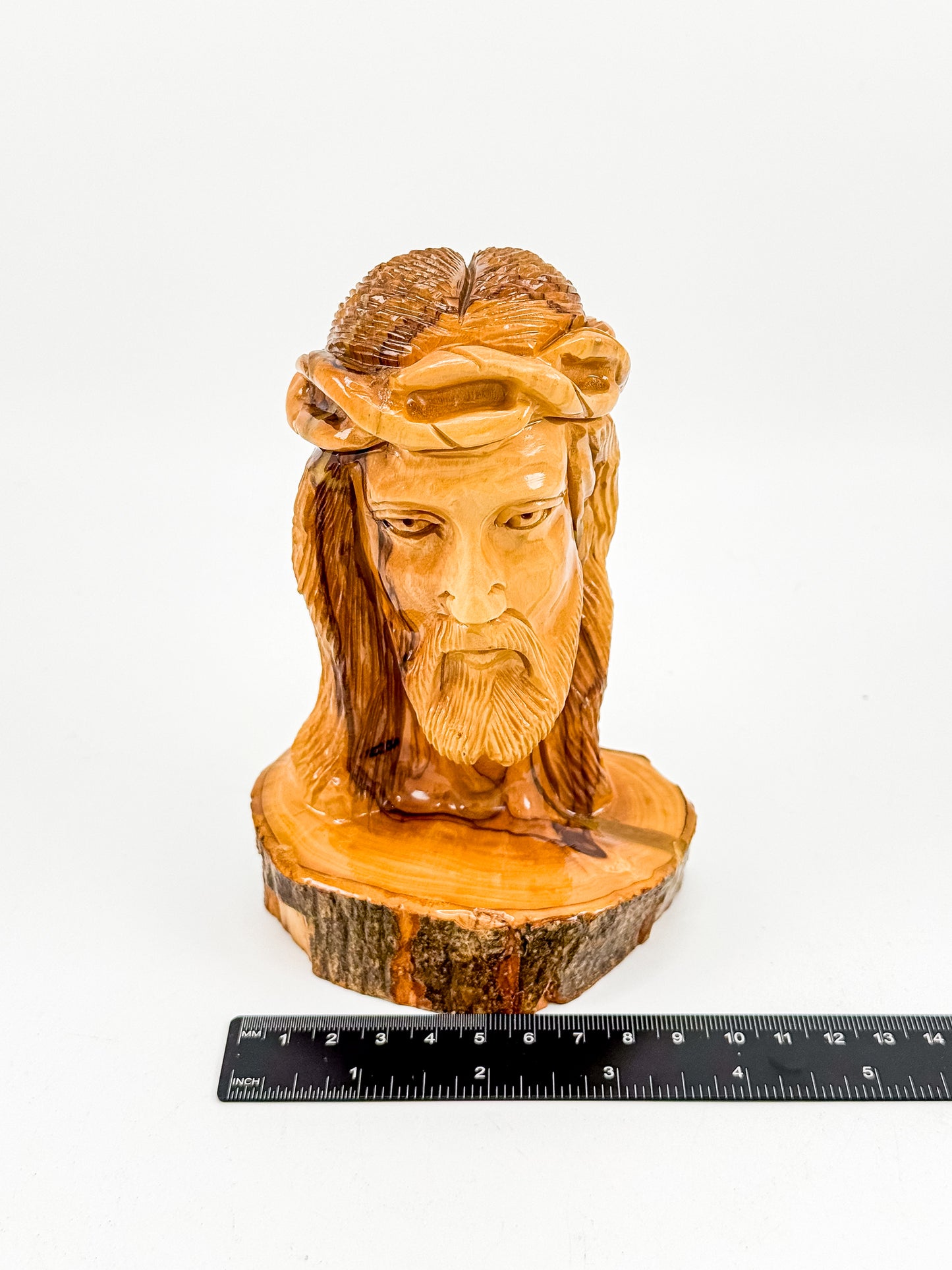 Hand-Carved Jesus Christ Bust with Crown of Thorns on Natural Live-Edge Wood Base, Folk Art Sculpture