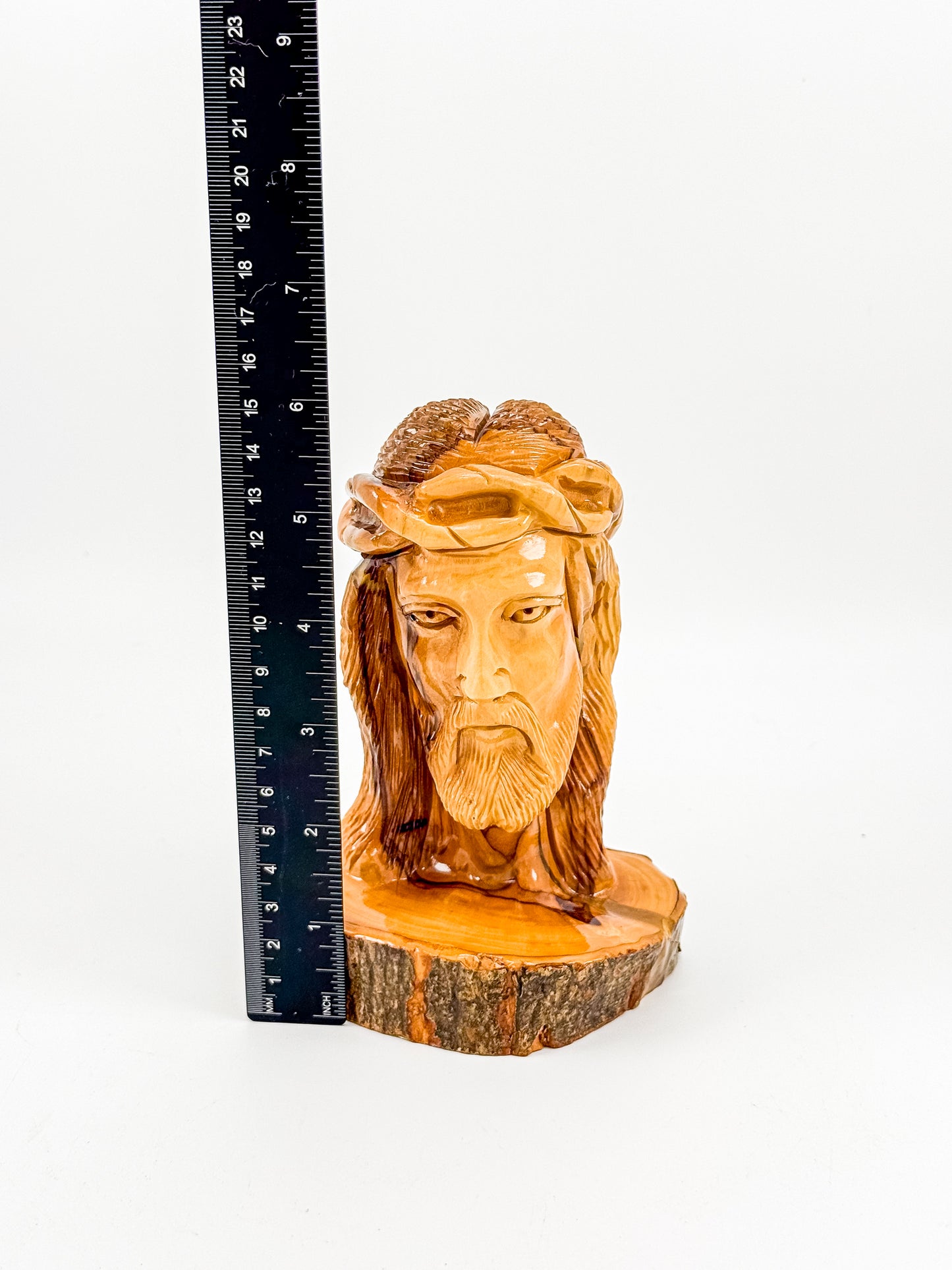 Hand-Carved Jesus Christ Bust with Crown of Thorns on Natural Live-Edge Wood Base, Folk Art Sculpture
