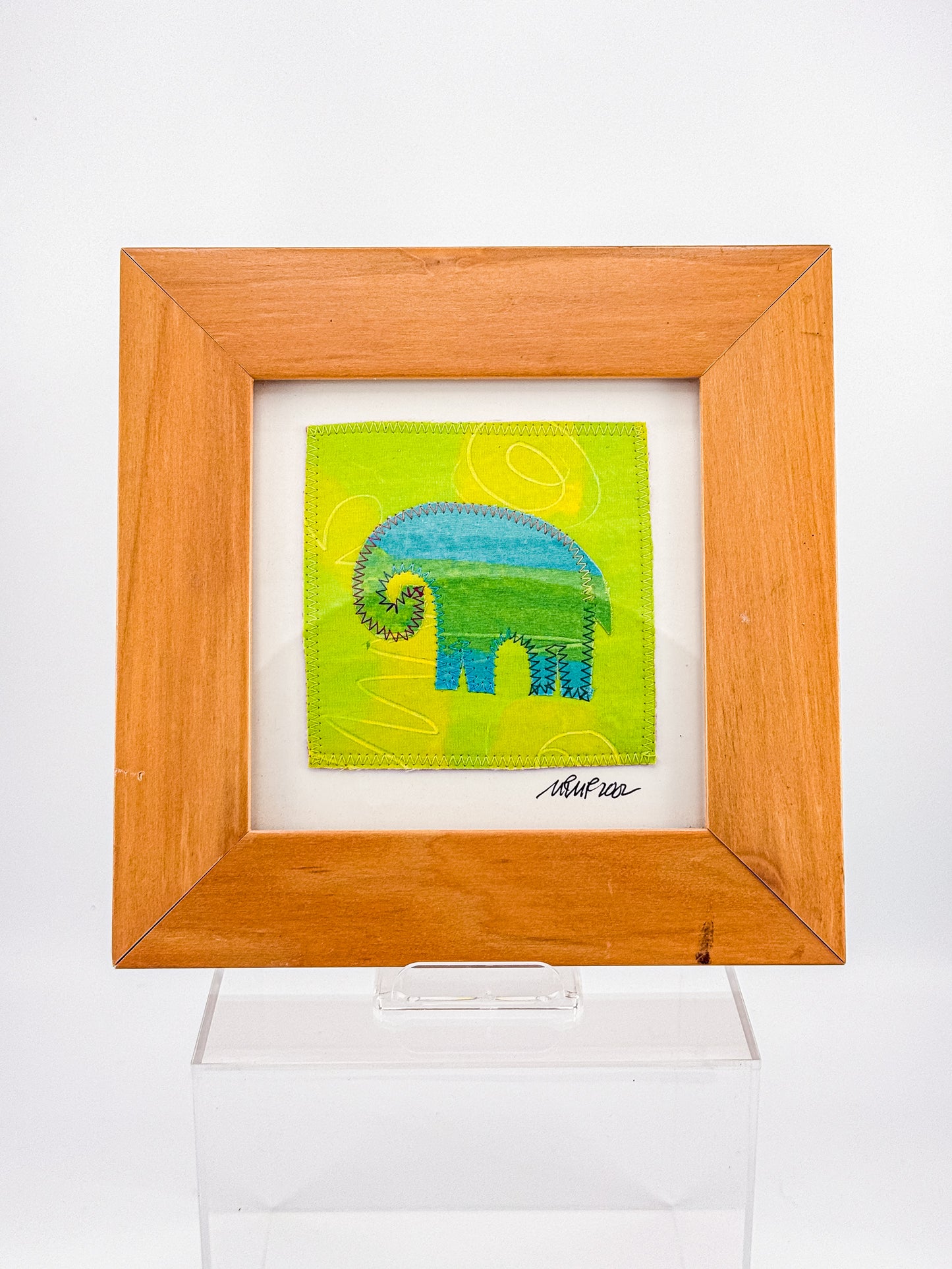 Signed Framed Elephant Textile Art, Fabric Appliqué Collage, Folk Art Fiber Art