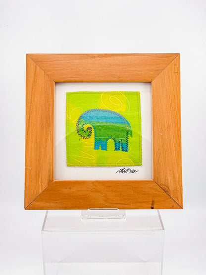 Signed Framed Elephant Textile Art, Fabric Appliqué Collage, Folk Art Fiber Art