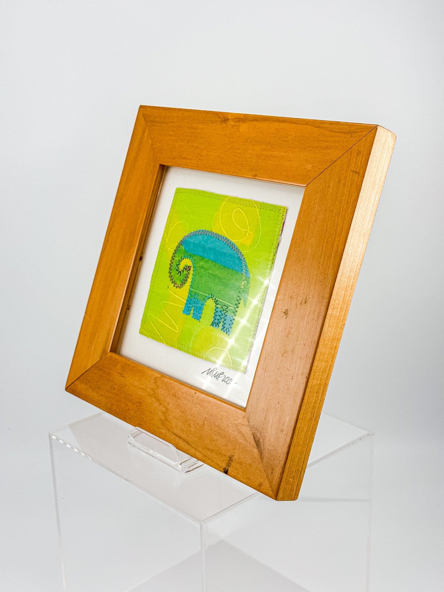 Signed Framed Elephant Textile Art, Fabric Appliqué Collage, Folk Art Fiber Art