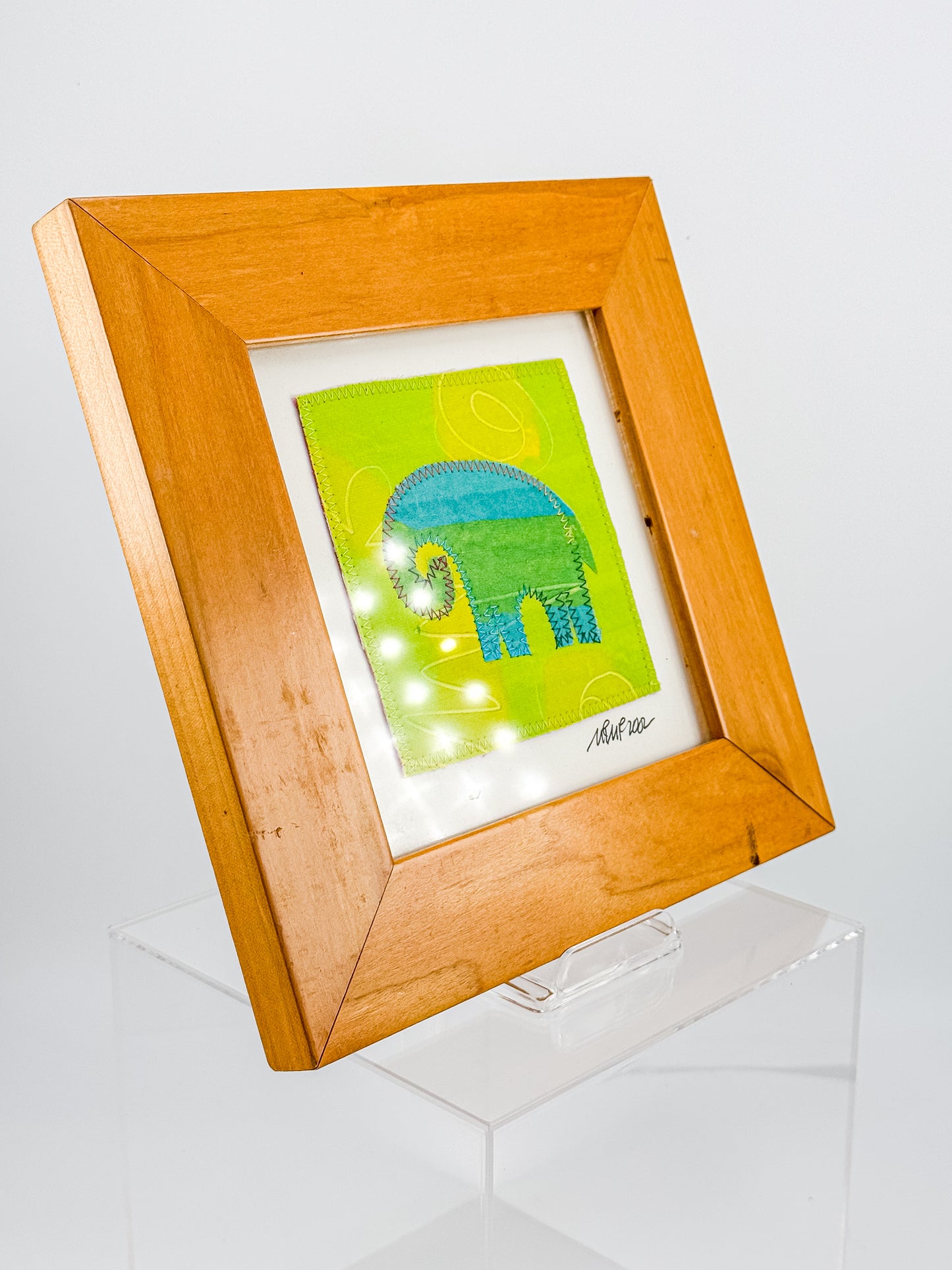 Signed Framed Elephant Textile Art, Fabric Appliqué Collage, Folk Art Fiber Art