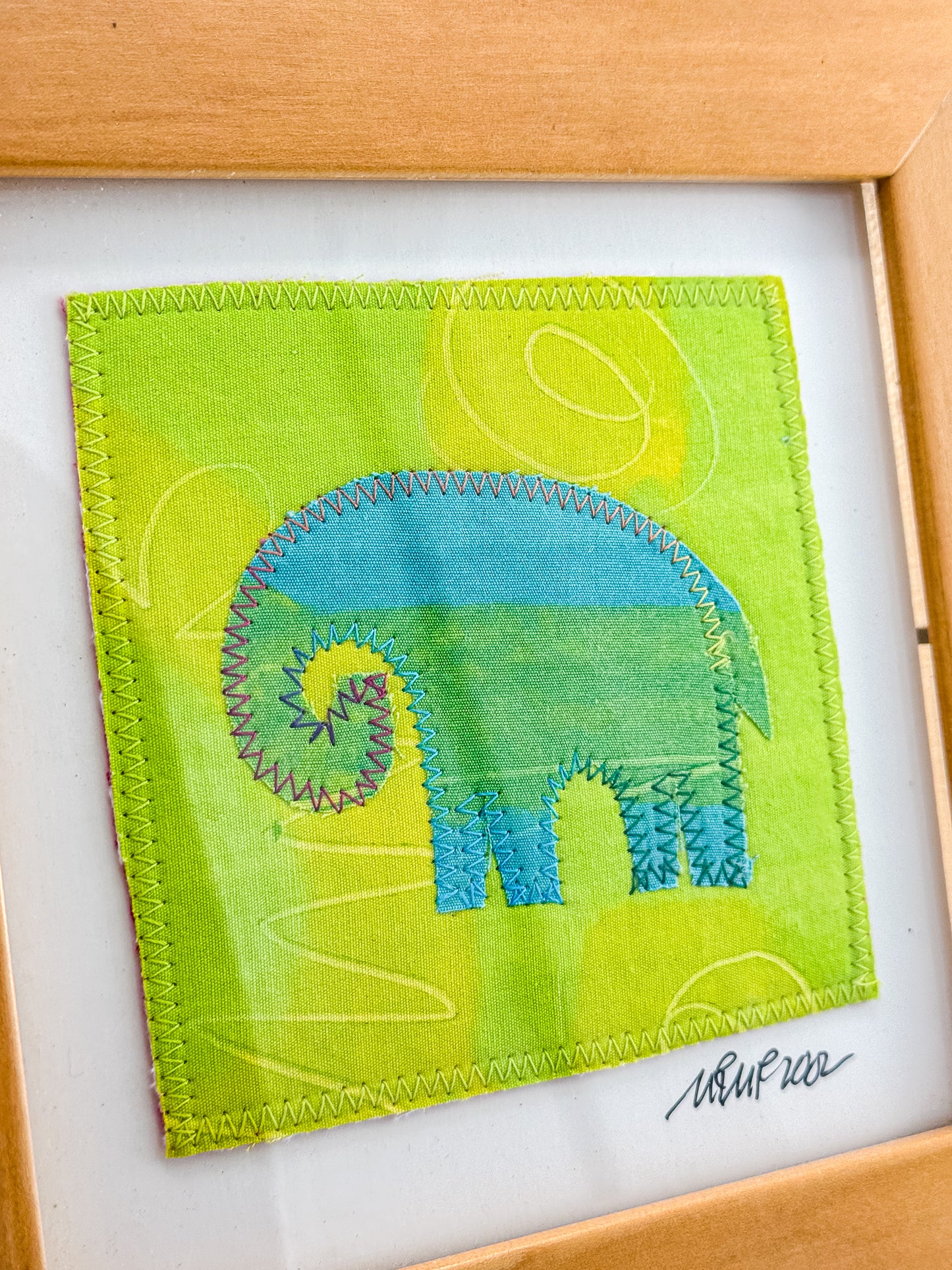 Signed Framed Elephant Textile Art, Fabric Appliqué Collage, Folk Art Fiber Art