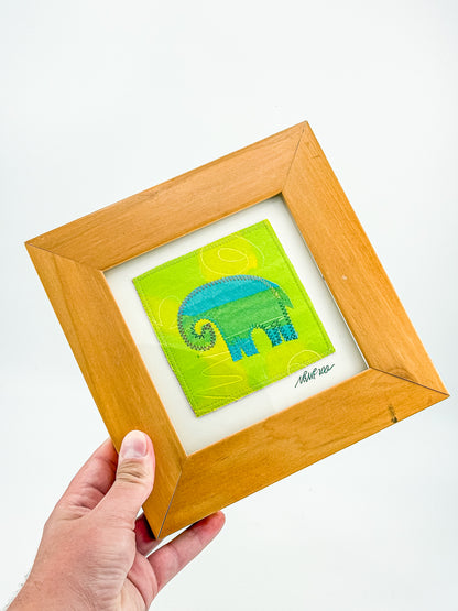 Signed Framed Elephant Textile Art, Fabric Appliqué Collage, Folk Art Fiber Art