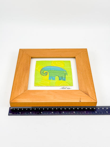 Signed Framed Elephant Textile Art, Fabric Appliqué Collage, Folk Art Fiber Art