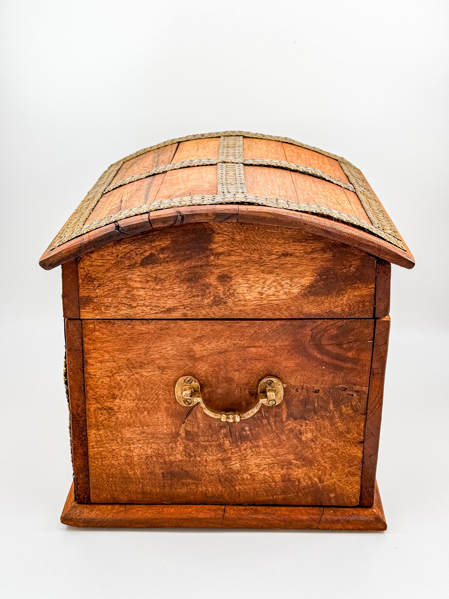 Vintage Indian brass-inlay dome-top wooden chest open, showing interior and brass bail side handle