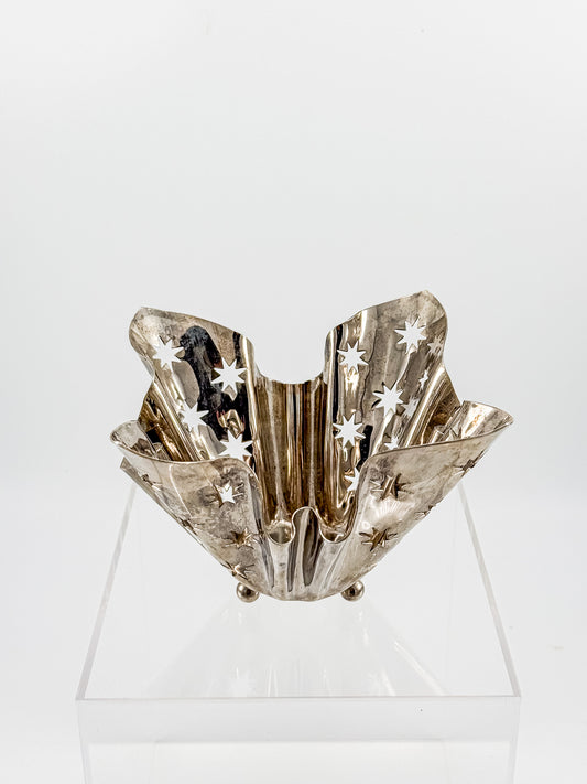 Vintage Silverplate Atomic Celestial Star Handkerchief Bowl with Ball Feet, Mid-Century Modern Decor