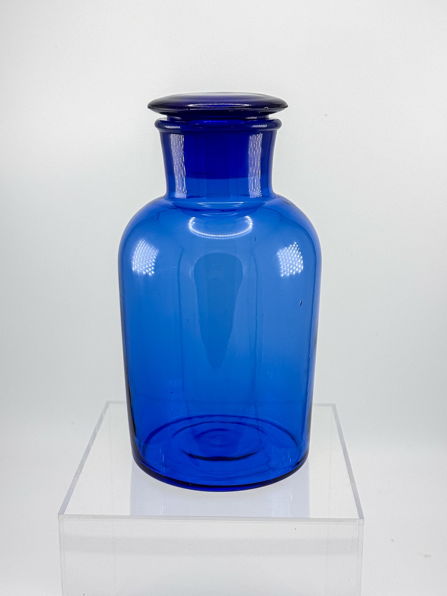 Vintage Cobalt Blue Glass Apothecary Jar with Ground Glass Stopper, Wide Mouth Pharmacy Bottle