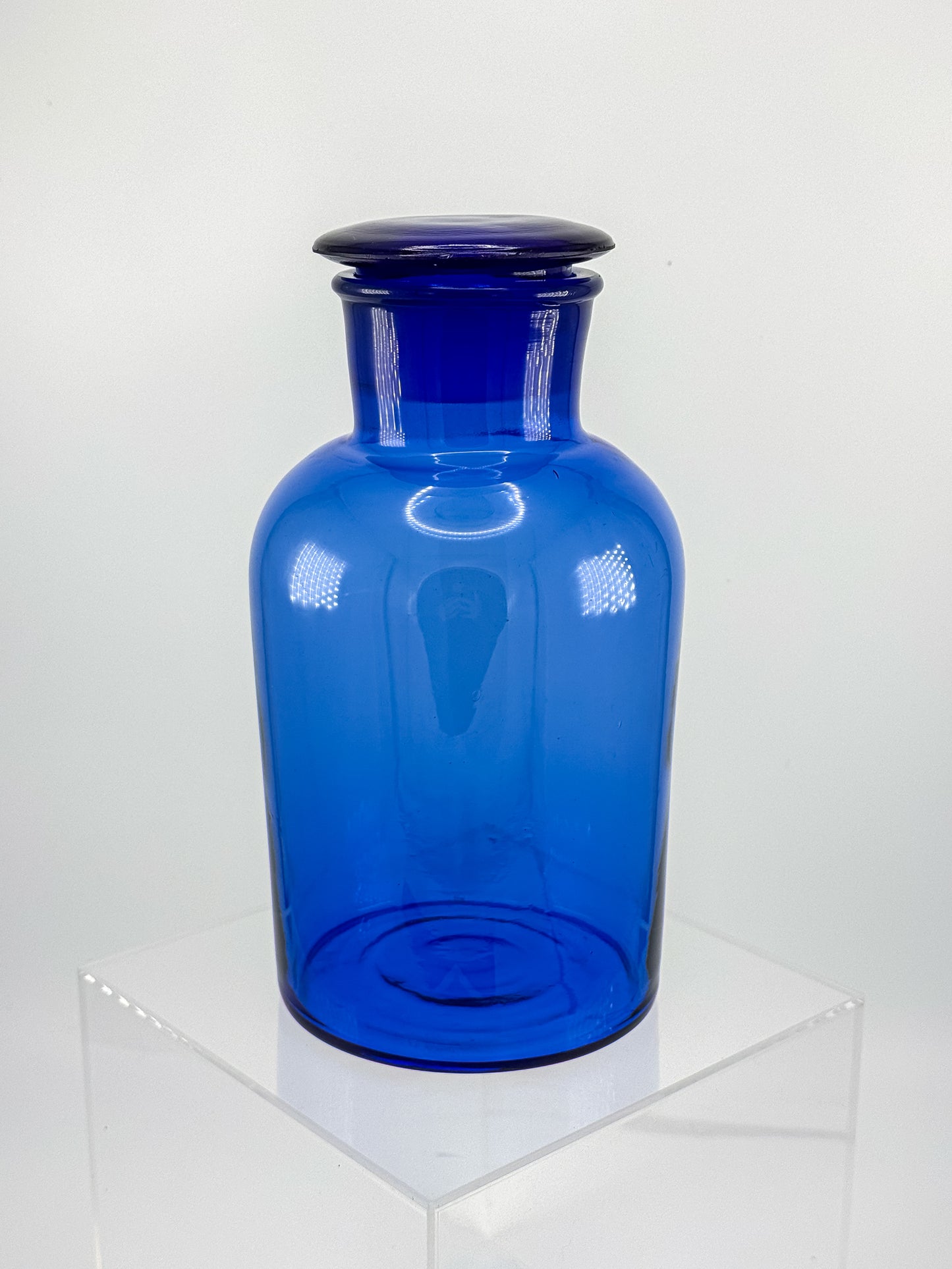 Vintage Cobalt Blue Glass Apothecary Jar with Ground Glass Stopper, Wide Mouth Pharmacy Bottle