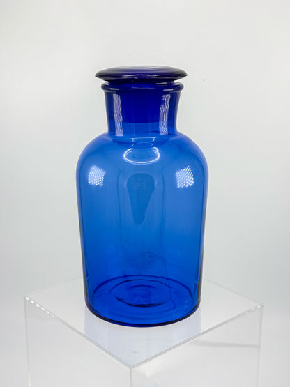 Vintage Cobalt Blue Glass Apothecary Jar with Ground Glass Stopper, Wide Mouth Pharmacy Bottle
