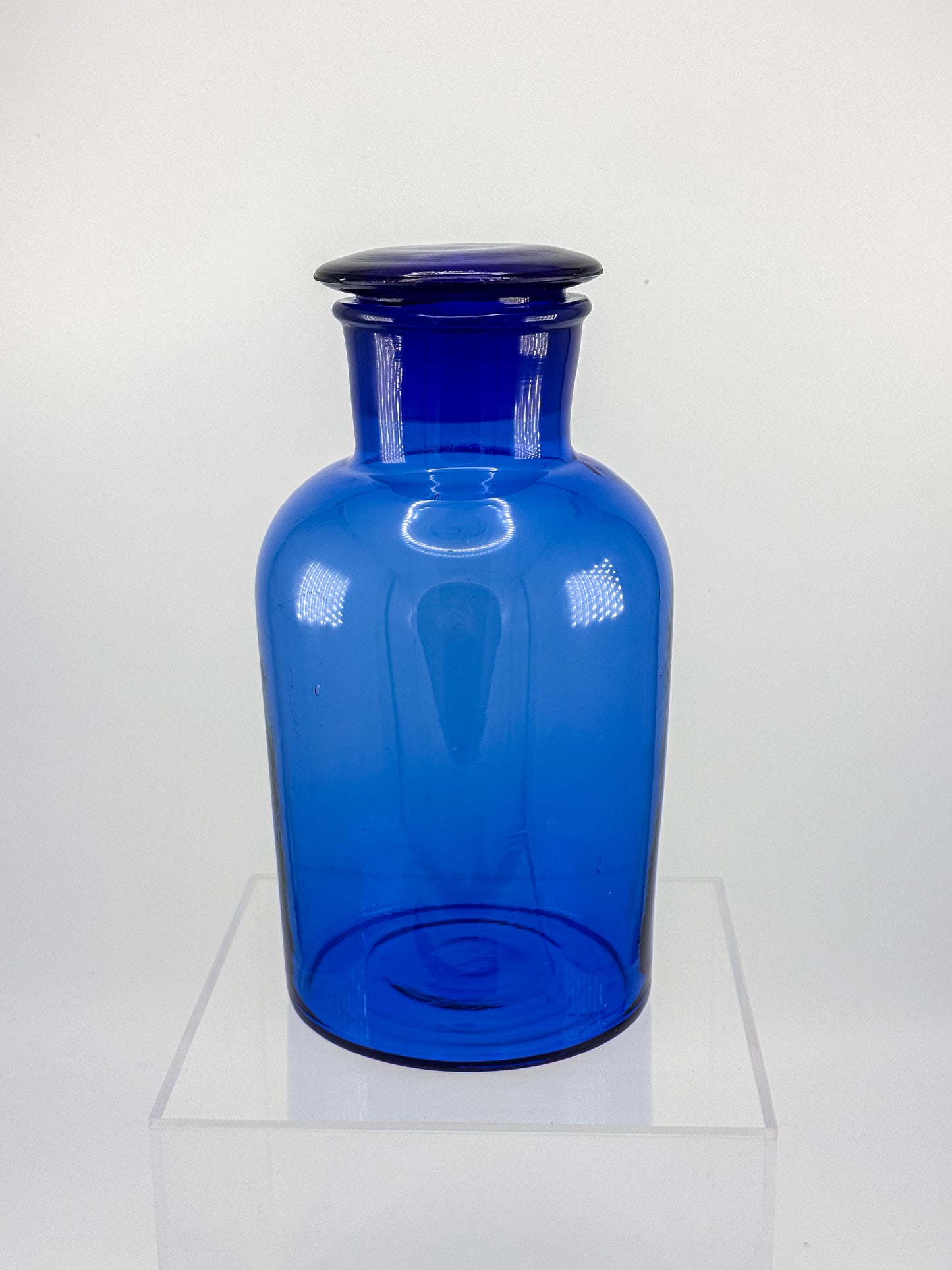 Vintage Cobalt Blue Glass Apothecary Jar with Ground Glass Stopper, Wide Mouth Pharmacy Bottle