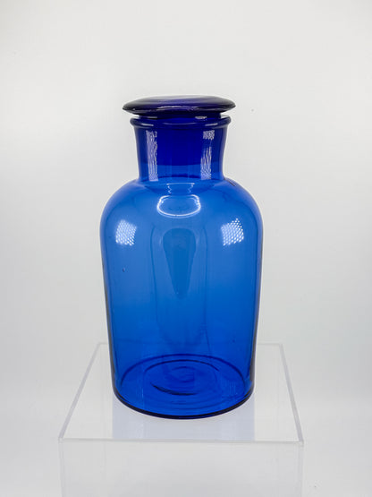 Vintage Cobalt Blue Glass Apothecary Jar with Ground Glass Stopper, Wide Mouth Pharmacy Bottle