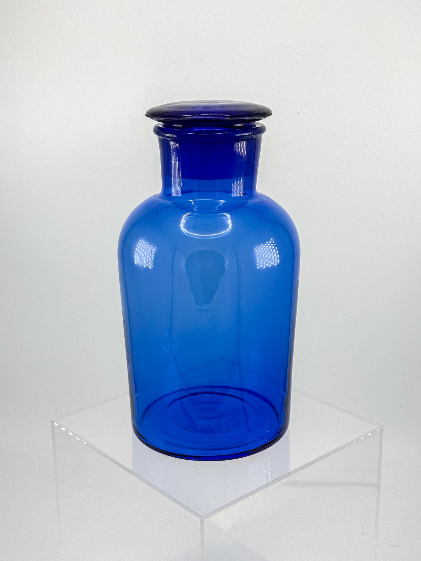 Vintage Cobalt Blue Glass Apothecary Jar with Ground Glass Stopper, Wide Mouth Pharmacy Bottle