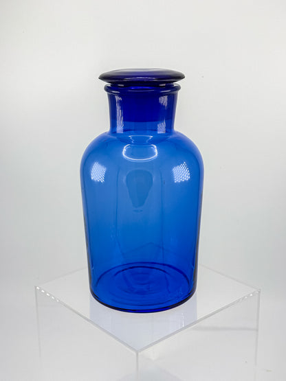 Vintage Cobalt Blue Glass Apothecary Jar with Ground Glass Stopper, Wide Mouth Pharmacy Bottle