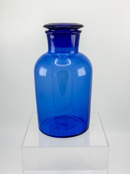 Vintage Cobalt Blue Glass Apothecary Jar with Ground Glass Stopper, Wide Mouth Pharmacy Bottle