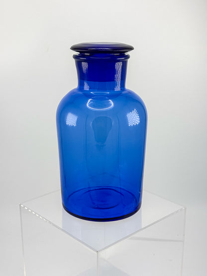 Vintage Cobalt Blue Glass Apothecary Jar with Ground Glass Stopper, Wide Mouth Pharmacy Bottle